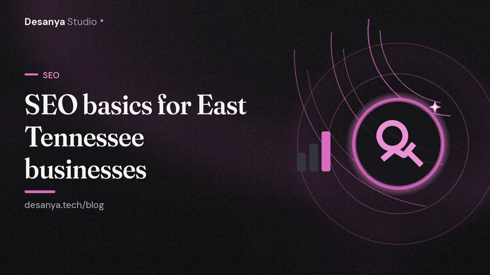 Desanya Studio blog header: SEO basics for East Tennessee businesses, with a magnifying glass illustration