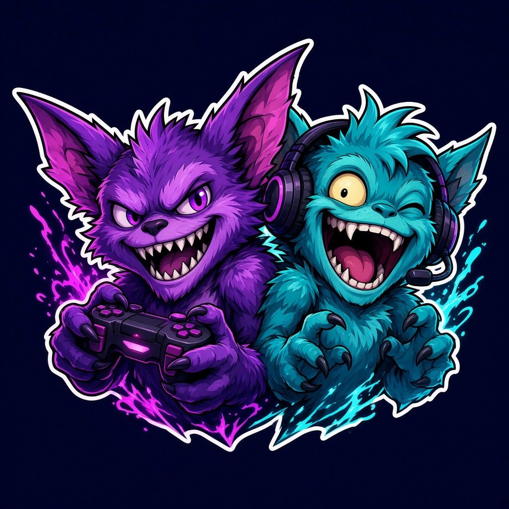 Esports mascot logo for Duo After Dark: a purple gremlin holding a controller beside a teal gremlin in a gaming headset, with neon pink and cyan paint splashes