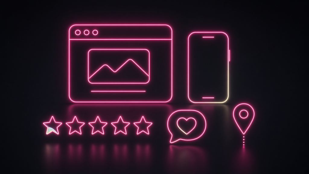 Neon pink icons for websites, mobile, reviews, messages and local search
